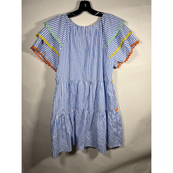 Entro Blue White Stripe Ric Rac Trim Tiered Flutter Sleeve Mini Dress Medium - Picture 6 of 11